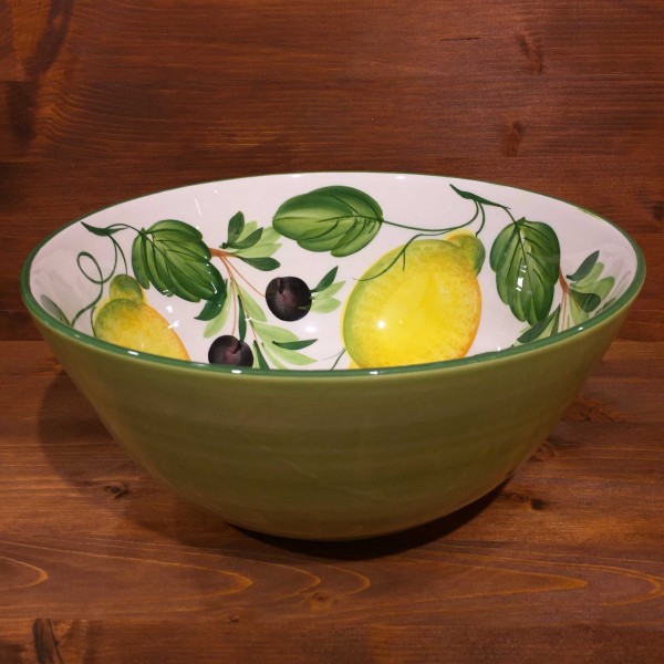 Runde Schüssel innen Zitronen und Oliven und außen grünem Band
